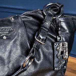 PRADA Black Calfskin Leather Zip Top Hobo Vitello Daino Medium Bag Silver Metal